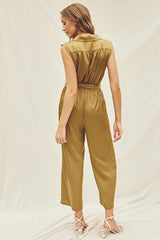 Golden Satin Sleeveless Shirt Jumpsuit