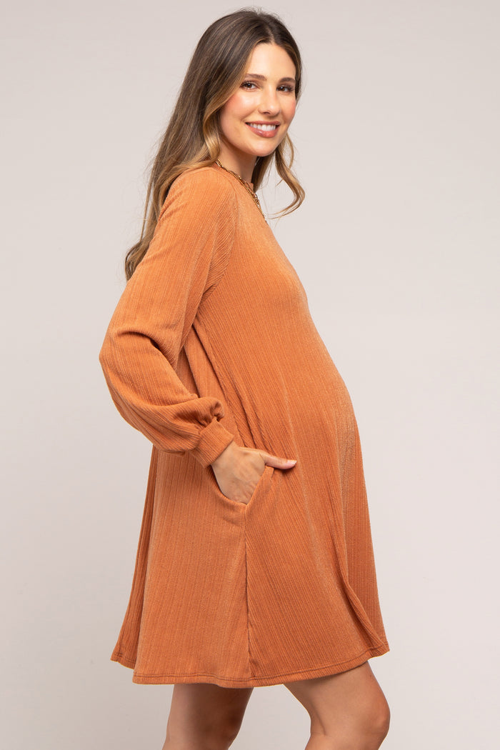 Camel Mock Neck Long Sleeve Maternity Dress