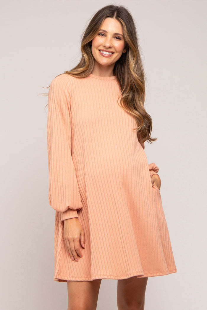 Light Pink Ribbed Mock Neck Long Sleeve Maternity Dress