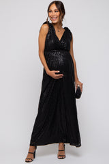 Black Sequin Sleeveless Wrap V-Neck Maternity Gown