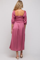 Mauve Satin Smocked Maternity Midi Dress