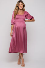 Mauve Satin Smocked Maternity Midi Dress