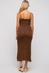 Brown Open Knit Crochet Maternity Midi Dress