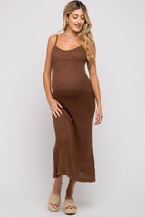 Brown Open Knit Crochet Maternity Midi Dress