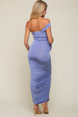 Periwinkle Asymmetrical Off Shoulder Ruched Maternity Midi Dress