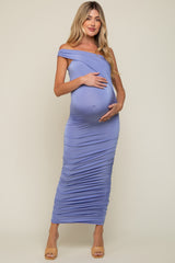 Periwinkle Asymmetrical Off Shoulder Ruched Maternity Midi Dress