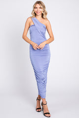 Periwinkle Asymmetrical Off Shoulder Ruched Maternity Midi Dress