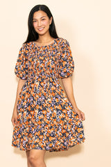 Navy Floral Smocked Puff Sleeve Maternity Dress