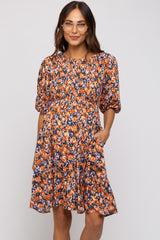 Navy Floral Smocked Puff Sleeve Maternity Dress