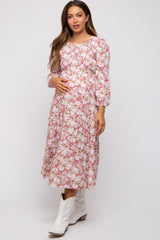 Mauve Floral Smocked Tiered Maternity Midi Dress