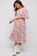 Mauve Floral Smocked Tiered Maternity Midi Dress