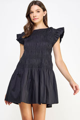 Black Smocked Bodice Poplin Mini Dress