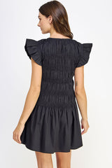 Black Smocked Bodice Poplin Mini Dress