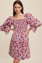 Magenta Floral Print Smocked Square Neck Dress