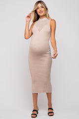 Cream Open Knit Fitted Maternity Sweater Midi Dress