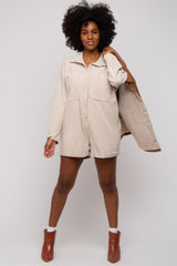 Beige Corduroy Button Up Front Pocket Romper