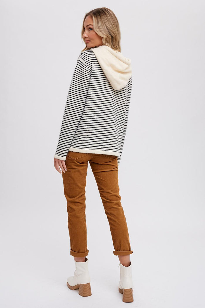 Black Striped Drawstring Hooded Sweater