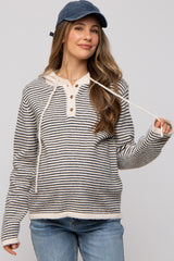 Black Striped Drawstring Hooded Maternity Sweater