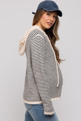Black Striped Drawstring Hooded Maternity Sweater