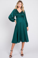 Forest Green Satin Smocked and Pleated Maternity Midi Dress