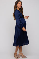 Navy Satin Smocked and Pleated Maternity Midi Dress