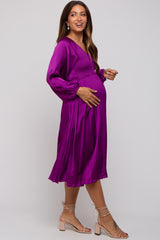Purple Satin Smocked and Pleated Maternity Midi Dress