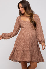 Mocha Floral Tier Long Sleeve Maternity Dress