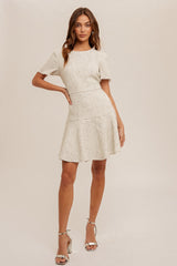 Cream Sequined Tweed Dress With Back Zipper