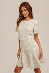 Cream Sequined Tweed Dress With Back Zipper