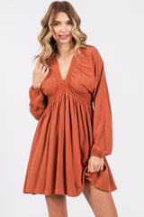 Rust Linen Deep V-Neck Long Sleeve Maternity Dress