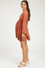 Rust Linen Deep V-Neck Long Sleeve Maternity Dress