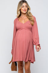 Mauve Smocked Long Sleeve Maternity Dress