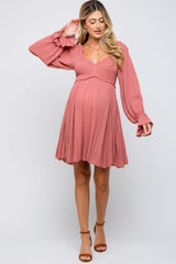 Mauve Smocked Long Sleeve Maternity Dress