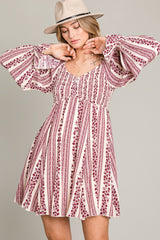 Burgundy Floral Stripe Smocked Long Sleeve Dress