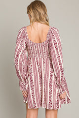 Burgundy Floral Stripe Smocked Long Sleeve Dress