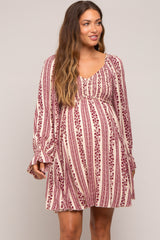 Burgundy Floral Stripe Smocked Long Sleeve Maternity Dress