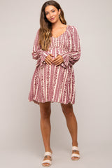 Burgundy Floral Stripe Smocked Long Sleeve Maternity Dress