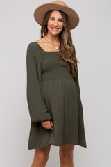 Olive Tie Back Smocked Long Sleeve Maternity Dress