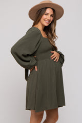 Olive Tie Back Smocked Long Sleeve Maternity Dress