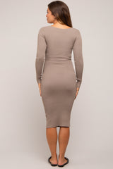 Mocha Ribbed Fitted Button Long Sleeve Maternity Dress