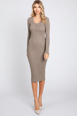 Mocha Ribbed Fitted Button Long Sleeve Maternity Dress