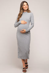 Heather Grey Ribbed Mock Neck Maternity Midi Dress