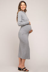 Heather Grey Ribbed Mock Neck Maternity Midi Dress