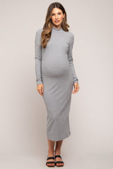 Heather Grey Ribbed Mock Neck Maternity Midi Dress