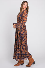 Navy Floral Long Sleeve V-Neck Maxi Dress