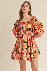 Black Multi Floral Print Bubble Sleeve Flared Mini Dress