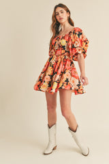 Black Multi Floral Print Bubble Sleeve Flared Mini Dress