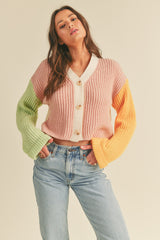Pink Multi Color Block Knit Sweater Cardigan