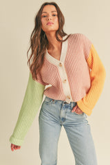 Pink Multi Color Block Knit Sweater Cardigan