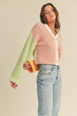 Pink Multi Color Block Knit Sweater Cardigan